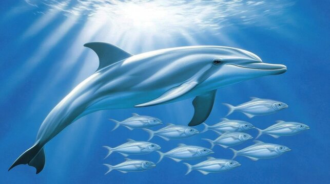 Blue light filters from above as fish circle a dolphin gliding in oceanic harmony - Powered by Adobe