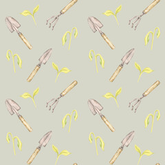 Trowels, shovel, pitchfork and seedlings in watercolor clipart on warm beige background. Gardening seamless pattern, ideal for home decor accents, seed packet labels, or organic branding