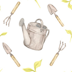 Watering can, trowel, and fork in soft grays and browns in watercolor. Gardening seamless pattern clipart perfect for merchandise tags, eco stickers, or printable garden planner inserts