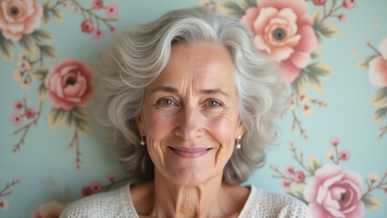Retrato de belleza serena de una mujer mayor con cabello plateado y sonrisa cálida