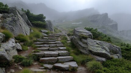 Stone steps ascend a misty mountain trail, surrounded by mossy rocks and lush vegetation. A tranquil scene shrouded in atmospheric fog.