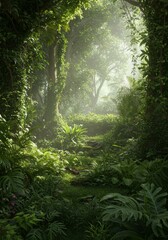 Naklejka premium Lush Green Forest with Sunlight Beams