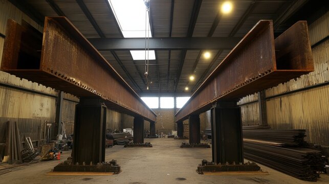 Large hydraulic arms hoisting a steel beam in an industrial warehouse with reinforced flooring