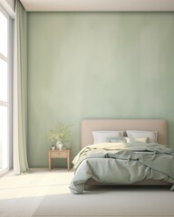 Jasnozielona sypialnia, minimalistyczny design wnętrza
