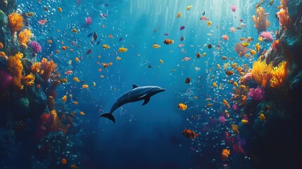 Fototapeta premium Ocean light filters down on a dolphin gliding through a colorful school of fish
