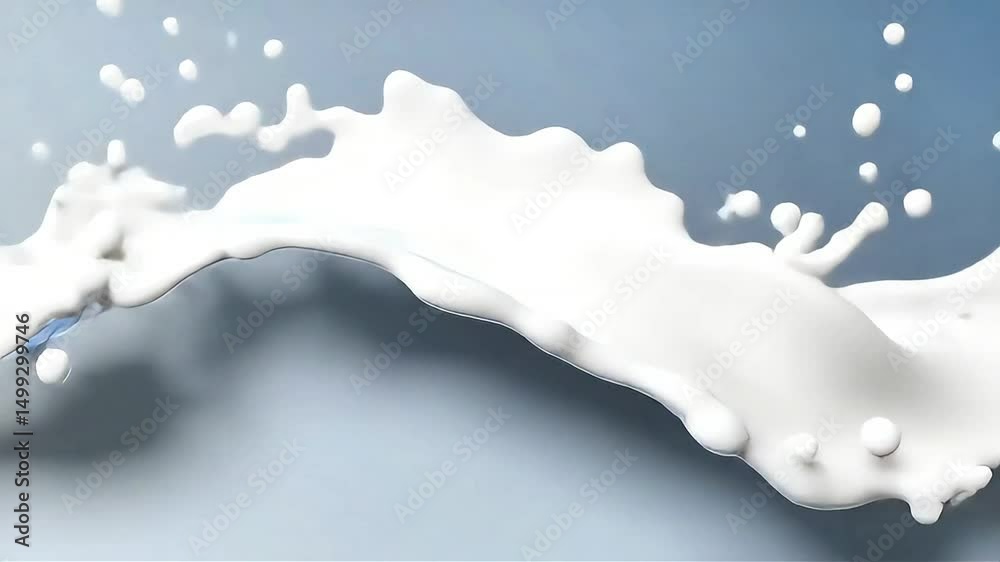 Poster dynamic milk splash: white liquid collision in slow motion on light blue background