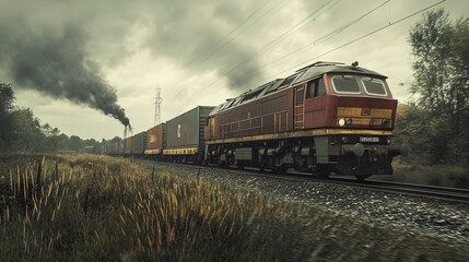 Obraz premium A high-speed cargo train transporting freight across the countryside, motion blur, ultra-detailed textures