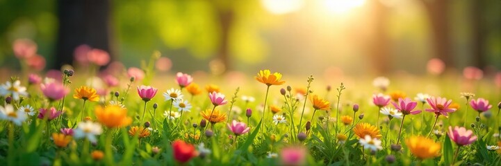 Obraz premium Sun-drenched springtime meadow bursting with wildflowers in full bloom A vibrant scene of nature's renewal, perfect for springtime themes and nature backgrounds , renewal, botanical, day