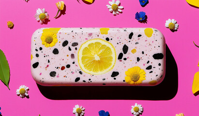 Lemon soap with terrazzo texture – floral summer flat lay for natural skincare branding. Minimal concept on vibrant pink background.
