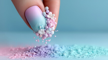 Closeup of reamy gradient pastel manicure with sugar pearls and flowers – candy macro aesthetic for spring beauty design.