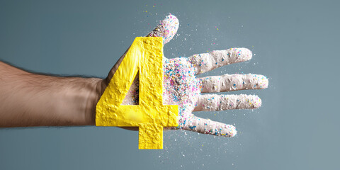 Painted male hand with number four and colorful powder explosion – dynamic concept for countdown design.