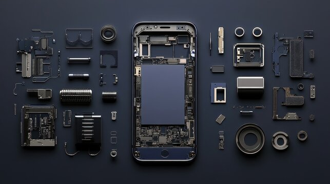 Technical disassembly of smartphone laid out like an engineering diagram, with each part spaced evenly