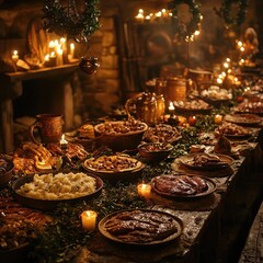 Naklejka premium Long wooden table set with roasted meats, pies, drinks, and greenery inside rustic cabin with fireplace, warm lighting, and wooden decor. Generative by AI.