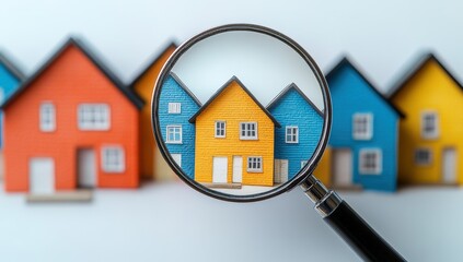 Colorful miniature houses viewed through a magnifying glass, symbolizing real estate exploration and investment in a vibrant market