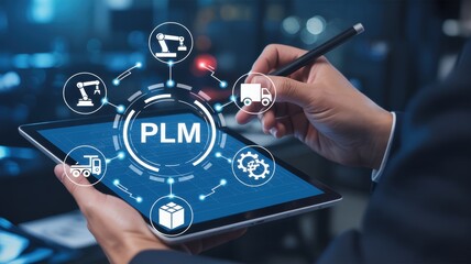 Person interacting with a digital product lifecycle management system on a tablet.