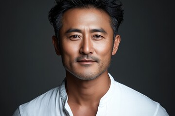 Obraz premium Confident male portrait showcasing expressive features in a dimly lit studio with neutral background