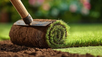 Freshly laid turf, vibrant green grass roll being installed for a lush lawn and beautiful landscaping. Soil visible, tool in place to push the grass.