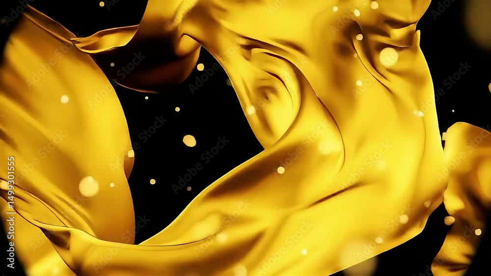 Poster golden fluid motion: abstract flowing liquid with bokeh on black background