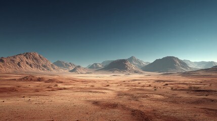 Fototapeta premium Martian landscape with red sand and distant mountains under a clear blue sky. Desert planet exploration. Otherworldly vista. Barren expanse.