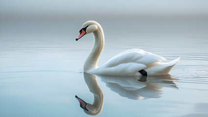 Fototapeta premium A graceful white mute swan (Cygnus olor) swimming calmly on a tranquil lake.