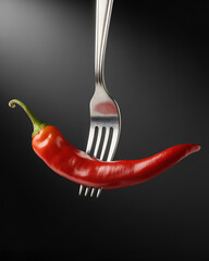 A photograph of a vibrant red chili pepper suspended in mid-air against a stark black background