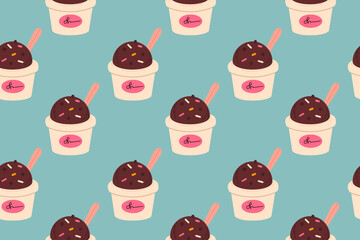 Seamless pattern of chocolate ice cream scoops in paper cups with sprinkles and spoons on teal background, ideal for dessert packaging and food-themed designs