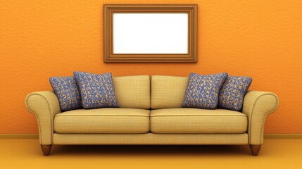 Wide wall picture frame centered above a sofa in a modern interior scene with clean, warm tones