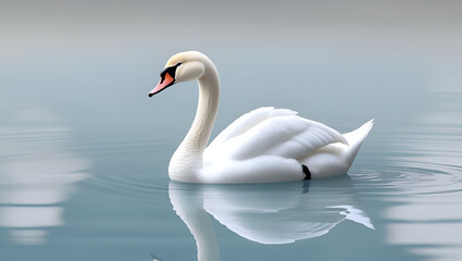 Fototapeta premium A graceful white mute swan (Cygnus olor) swimming calmly on a tranquil lake.