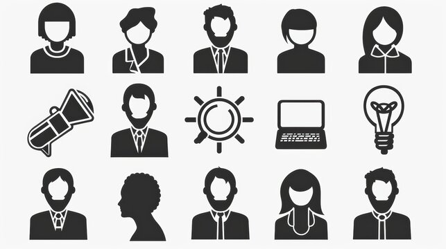 Collection of silhouettes representing diverse professionals engaged in various activities related to teamwork and innovation