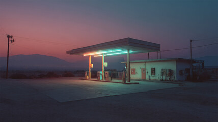 Fototapeta premium Twilight desert gas station is lonely and still with an eerie glow