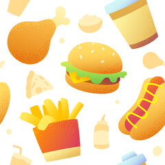 Textured fast food pattern. Seamless vector print with cartoon street food.