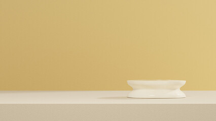 A 3D rendering of a product display podium set against a yellow wall in a landscape orientation.