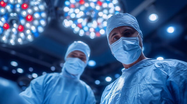 Surgeons perform operation under large operating lights, masked focus and sterile intensity.