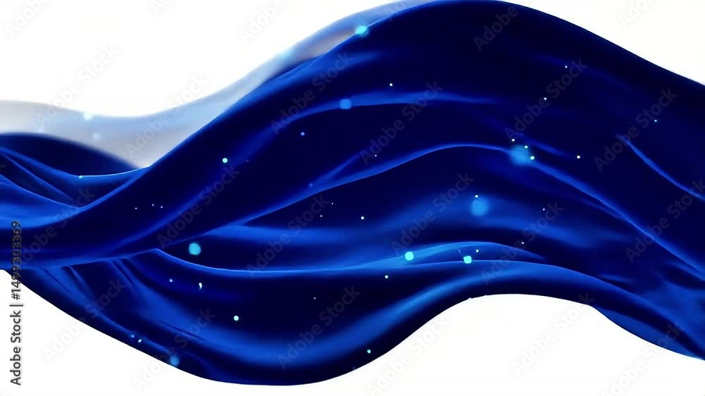 Poster flowing blue fabric with sparkling light particles on white background animation