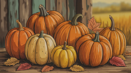Vibrant graphic of pumpkins with autumn textures