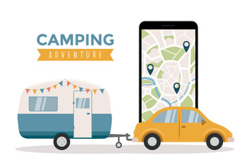 camping adventure travel concept with car and street map in smartphone vector illustration