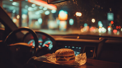 Juicy burger gleams warmly drive home awaits, tempting taste buds