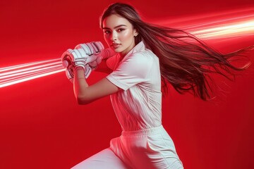 Kobieta grająca w krykieta, dynamiczna poza, czerwone światło