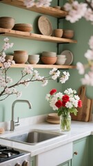 A cozy kitchen corner with wooden shelves, a sink, and a vase of flowers