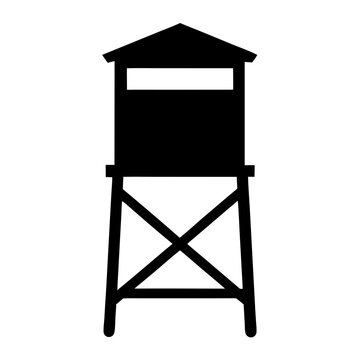 Silhouette of an elevated hunting blind with platform and viewing window