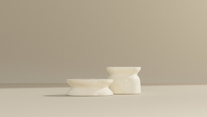 A 3D rendering of a product display podium set against a beige wall in a landscape orientation.