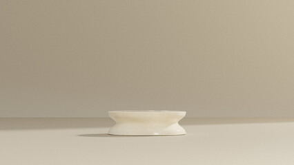 A 3D rendering of a product display podium set against a beige wall in a landscape orientation.