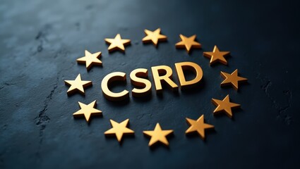 Gold letters of csrd surrounded by stars on a dark background.