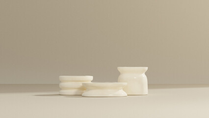 A 3D rendering of a product display podium set against a beige wall in a landscape orientation.