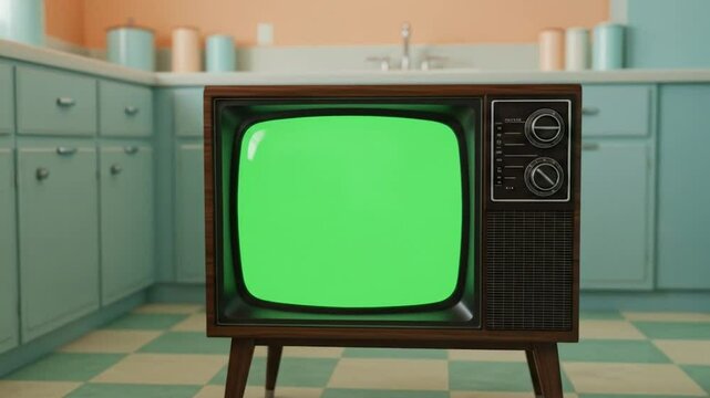 Retro TV with Green Screen on Kitchen Counter | 1970s Style Interior Photo