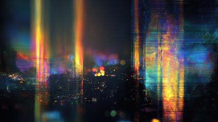 Naklejka premium Abstract cityscape with colorful digital glitch effects and blurred lights, creating a futuristic and artistic atmosphere.