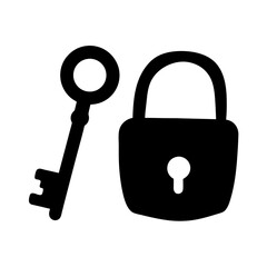 A single key and a padlock in stark black and white silhouette
