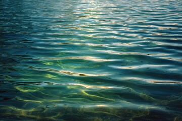 Sunlight reflects off gently rippling, clear blue-green water, creating a serene and calming surface pattern.