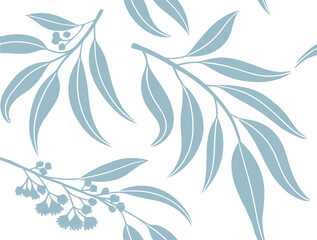 Elegant eucalyptus leaf and flower pattern in soft blue tones, perfect for spa branding, natural product packaging, fabric prints, and wellness-themed decorative design backgrounds.