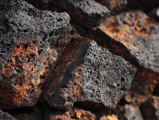 Porous, dark volcanic rocks with rough textures and irregular shapes closely packed together.